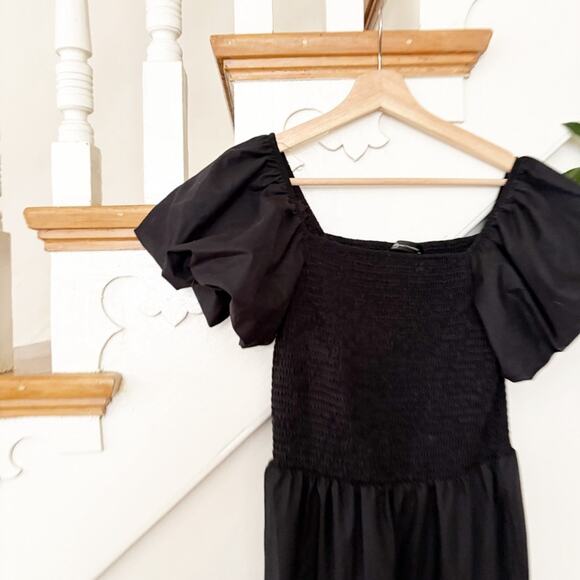 Pretty Garden Black Smocked Tiered Maxi Dress Square Neck Puff Sleeves Size M - Picture 3 of 8